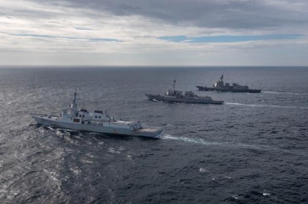 South Korean and Japanese naval ships co<em></em>nduct missile defense drill with US Navy in the Sea of Japan July 16, 2023. [Samantha Oblander/US Navy/Handout via Reuters]