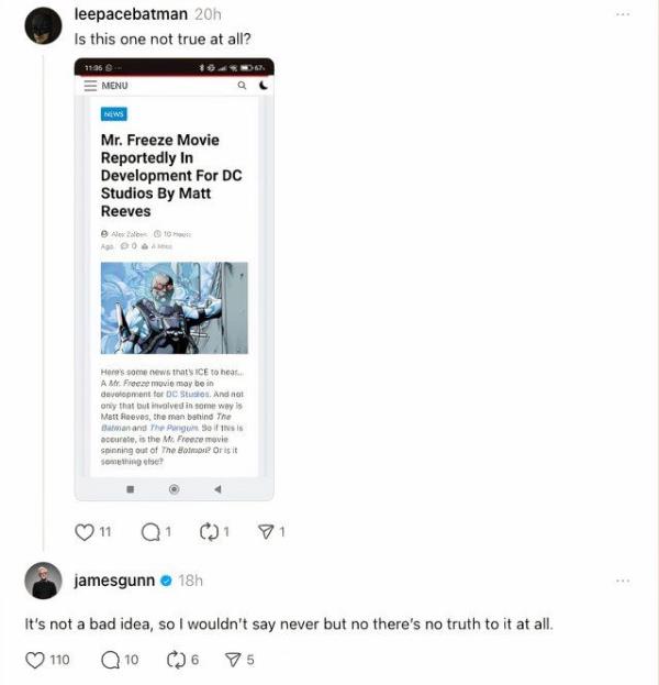 On threads, James Gunn debunks Mr. Freeze movie rumors