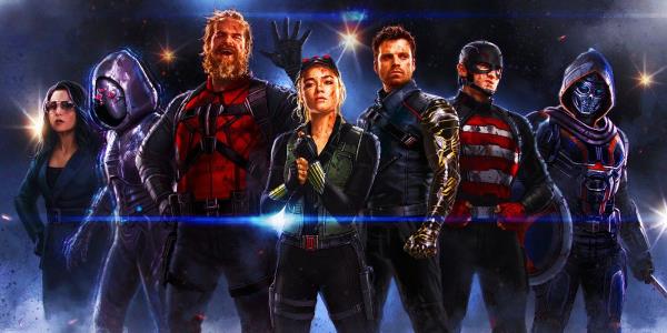 First Thunderbolts* promo image featuring Valentina, Ghost, Red Guardian, Yelena, Bucky, US Agent, and Taskmaster
