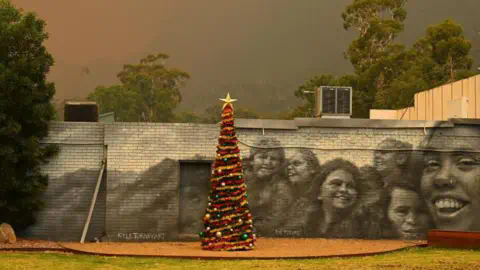 EPA A Christmas tree sits against a backdrop of blackened sky 