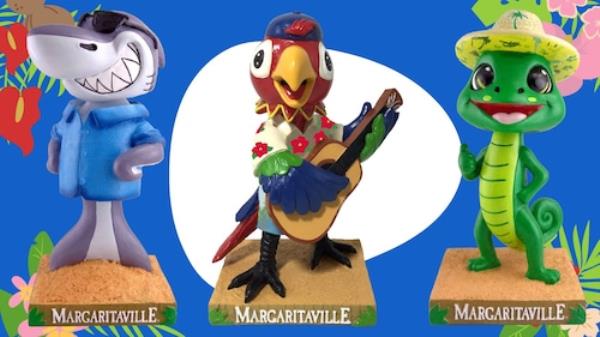 Two new Margaritaville bobbleheads, a shark and a lizard, join a previously released parrot.