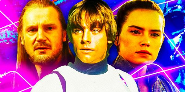 Liam Neeson as Qui-Gon Jinn from Star Wars The Phantom Menace, Mark Hamill as Luke Skywalker from Star Wars A New Hope, Daisy Ridley as Rey from Star Wars The Force Awakens