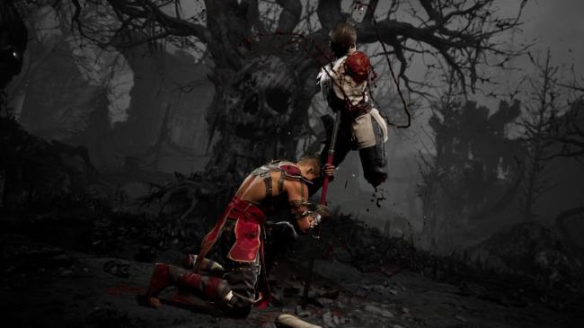 Reiko using his first Fatality on Raiden, stabbing him on a spear in Mortal Kombat 1.