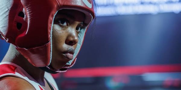 Claressa looks fierce in boxing gear in The Fire Inside still