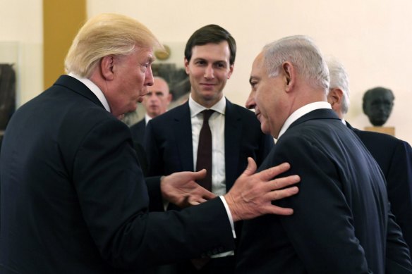 From left, then-president Do<em></em>nald Trump, his White House senior adviser Jared Kushner and Israeli Prime Minister Benjamin Netanyahu in Jerusalem in 2017.
