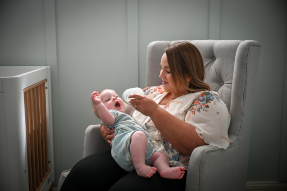 Lauren Caulfield’s youngest son, nine-month-old Elias, drinks an infant formula for babies with sensitive stomachs.
