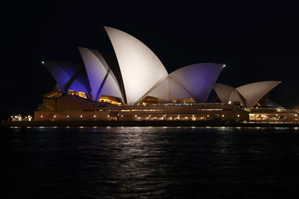The blue and white colours of the Israeli flag projected o<em></em>nto the Opera House in October.